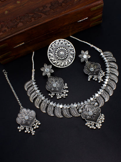 Silver Oxidised Floral Jewellery Set