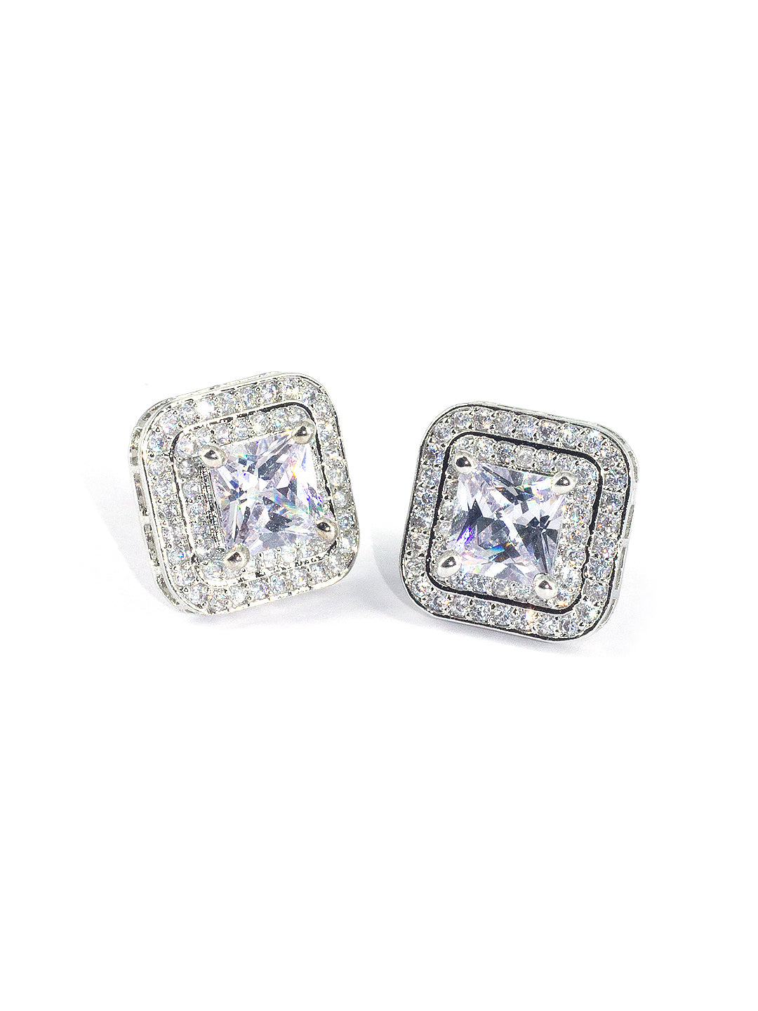 Rhodium Plated Square Shaped American Diamond Earrings