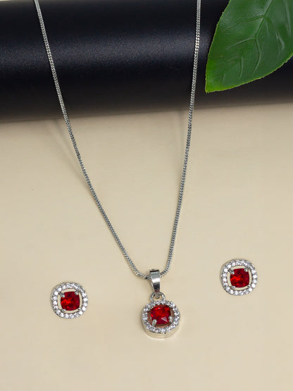 Rhodium Plated Red American Diamond Studded Pendant & Earring Set