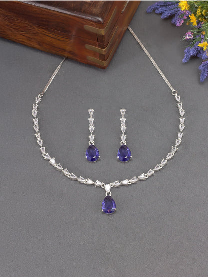 Rhodium Plated Purple American Diamond Drop Jewellery Set