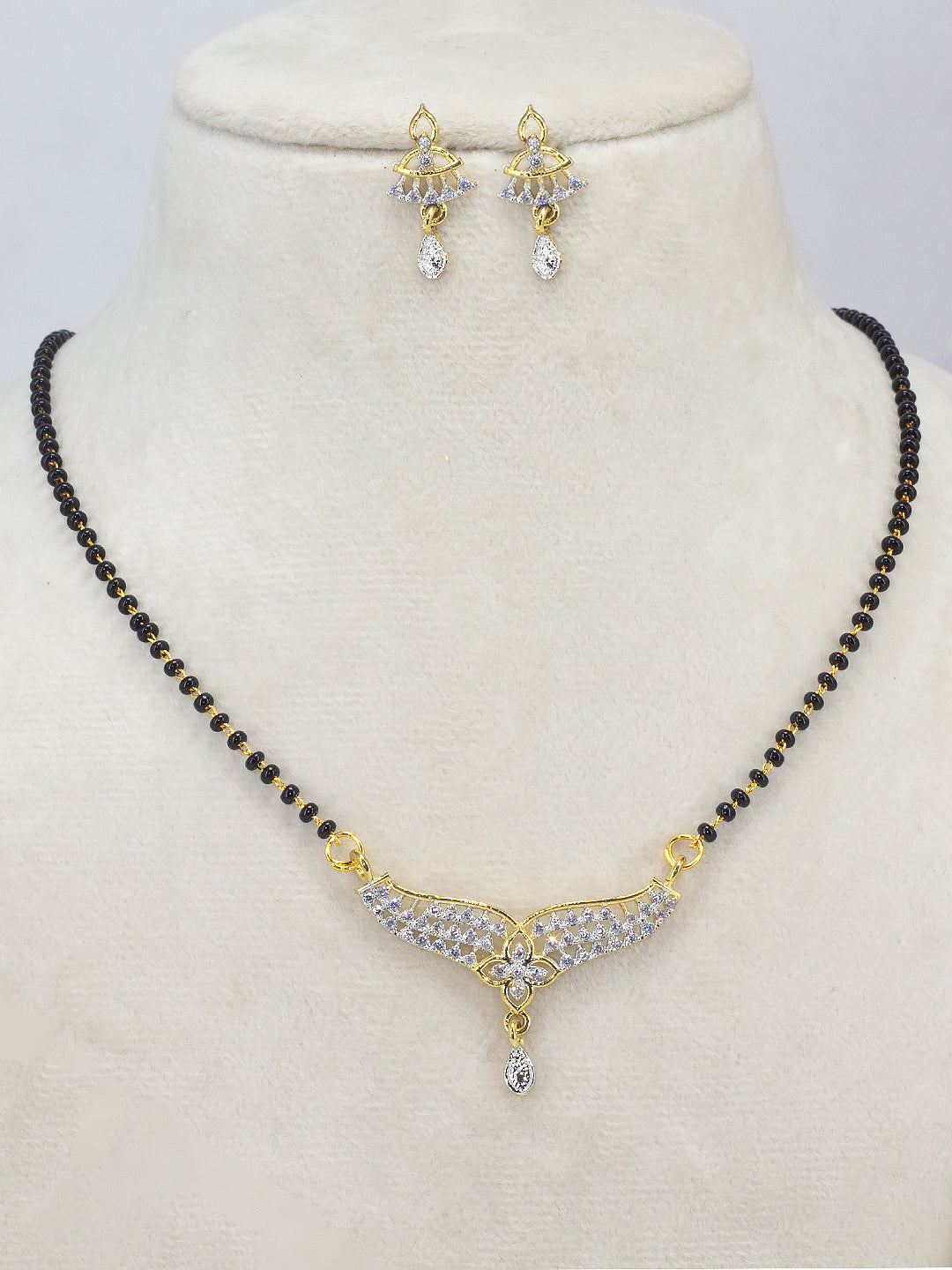 Gold Plated American Diamond & Black Beaded Trendy Mangalsutra With Earrings