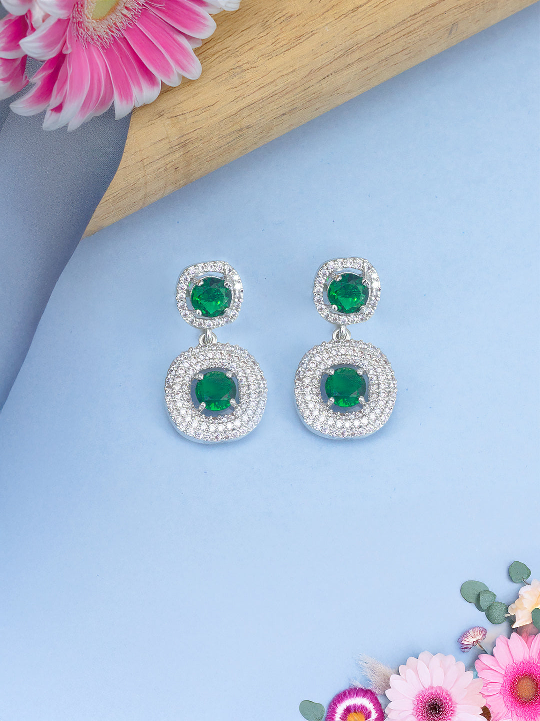 Rhodium Plated Green American Diamond Trendy Drop Earrings