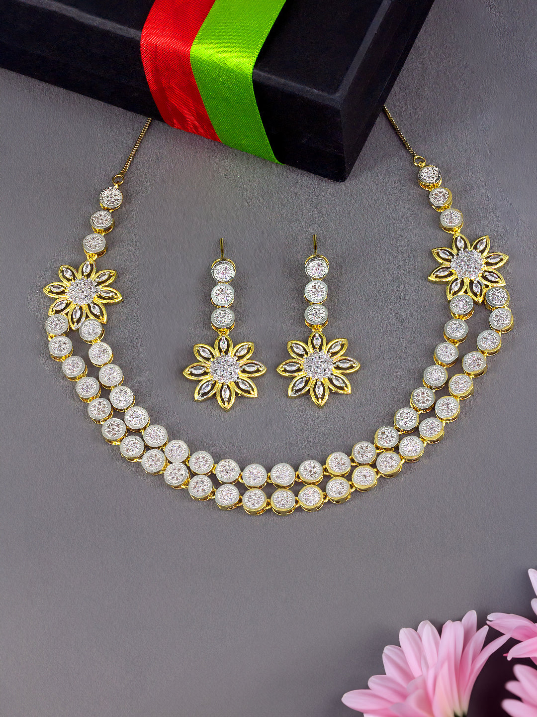 Gold Plated Floral Double Layred American Diamond Studded Jewellery Set