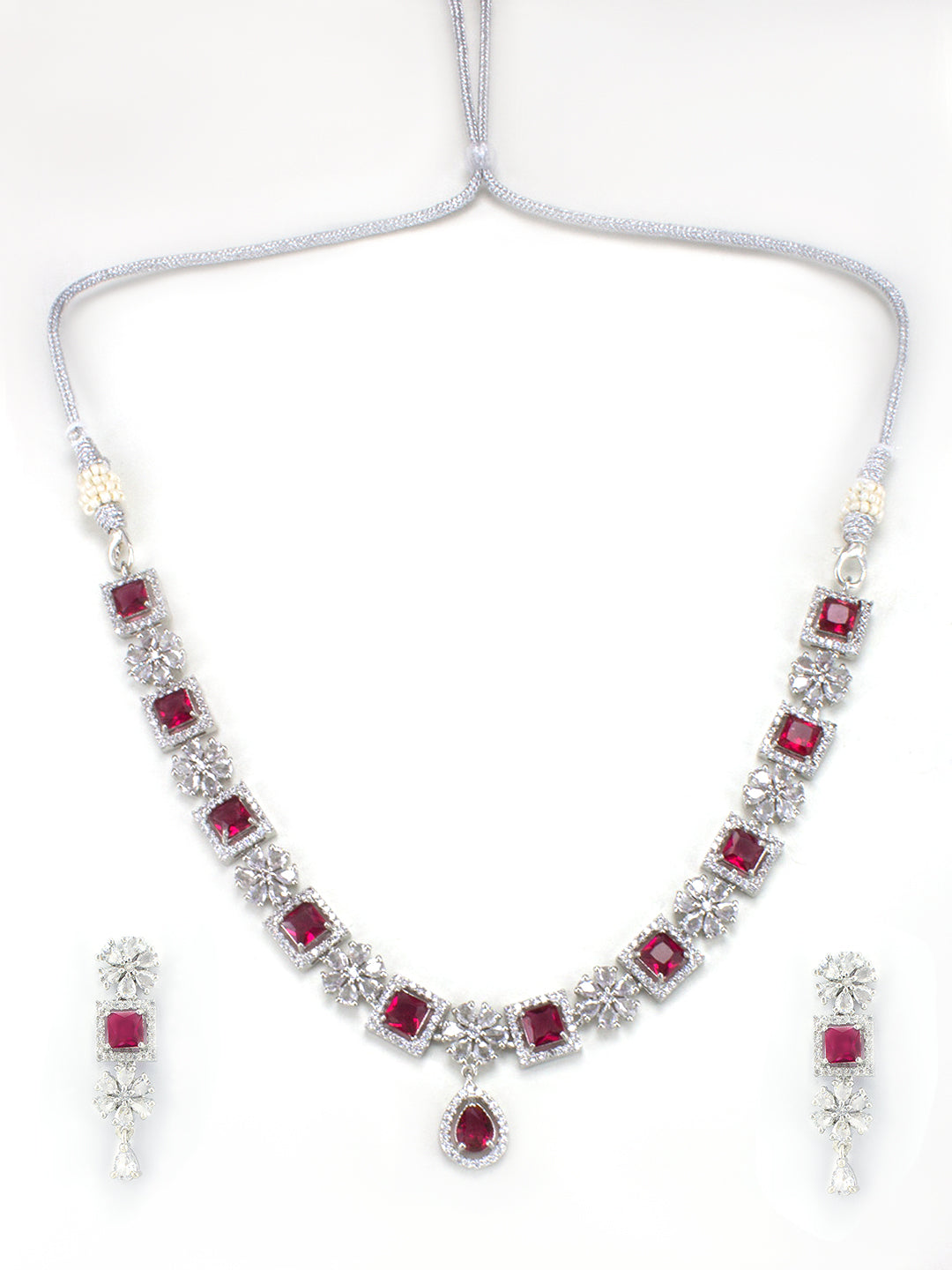 Rhodium-Plated Red American Diamond Studded Jewellery Set