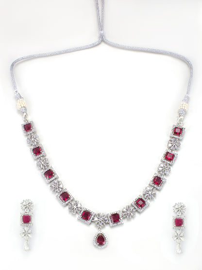 Rhodium-Plated Red American Diamond Studded Jewellery Set