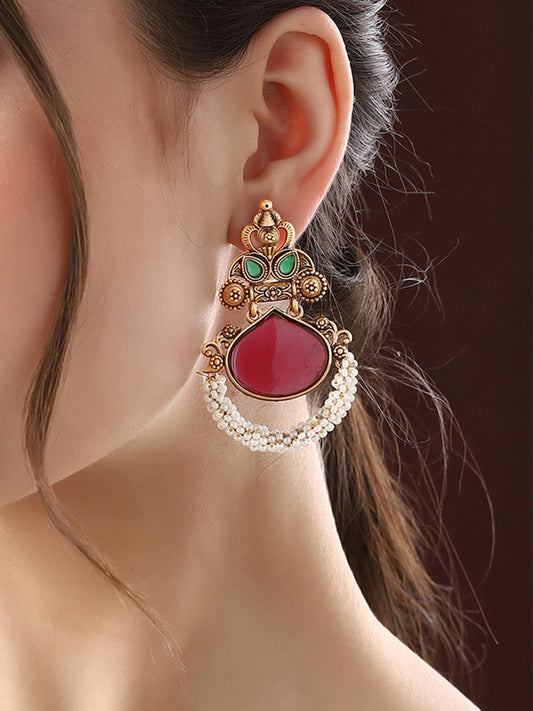 Gold-Plated Kundan Studded Contemporary Drop Earrings