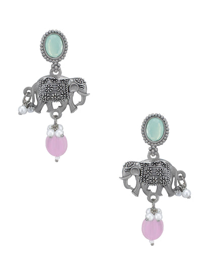 Silver-Plated Elephant Stones-Studded & Beaded Oxidised Jewellery Set