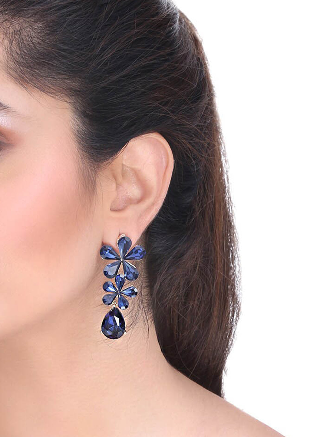 Blue Crystal Floral Drop Earrings