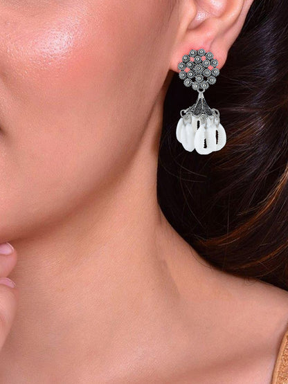 Silver Oxidised Floral & Artificial Shells Beads Jhumka Earrings