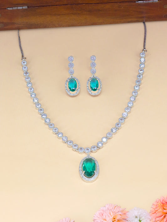 Rhodium Plated Green Oval Shaped American Diamond Jewellery Set