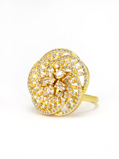 Gold Plated Floral American Diamond Studded Adjustable Finger Ring