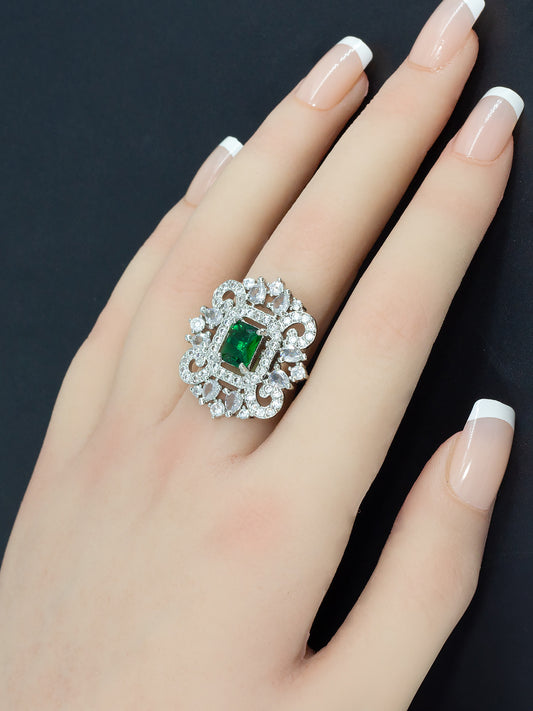 Rhodium Plated Green American Diamond Vintage Adjustable Finger Ring