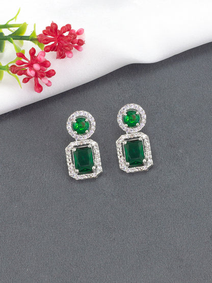 Rhodium Plated Green American Diamond Square Drop Earrings