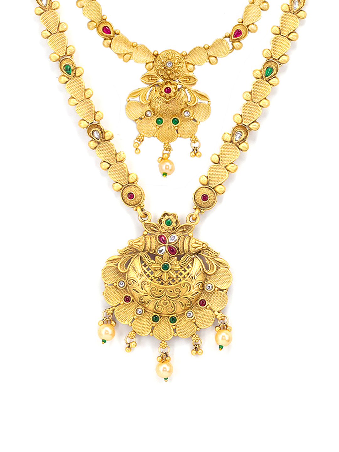 Gold Plated Long & Short Necklace Kundan Studded Temple Jewellery Set