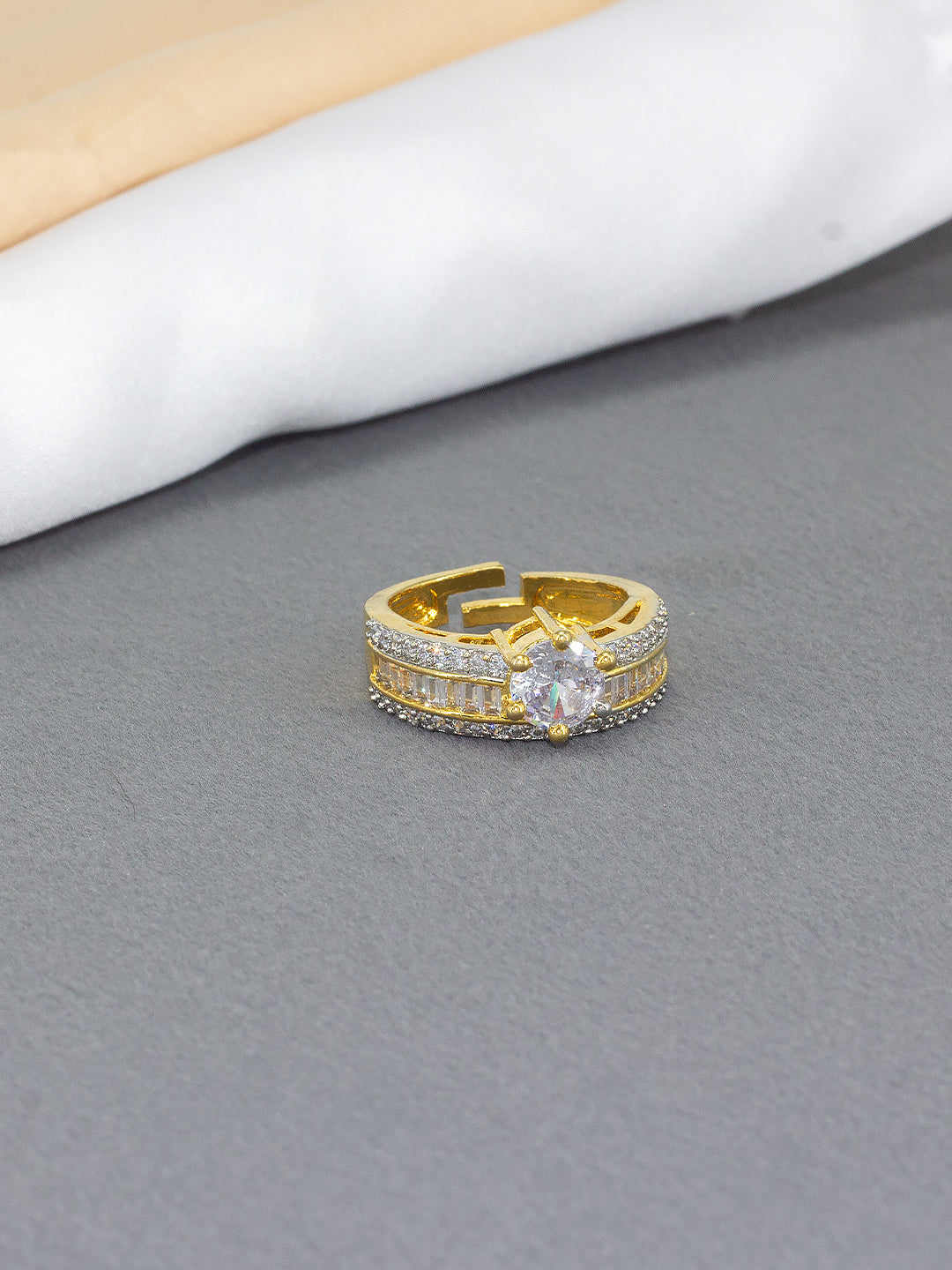 Gold Plated Solitaire American Diamond Adjustable Finger Ring