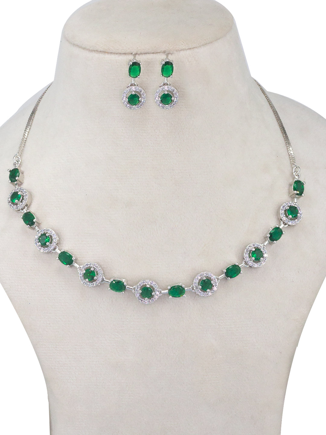 Rhodium Plated Green American Diamond Minimal Jewellery Set