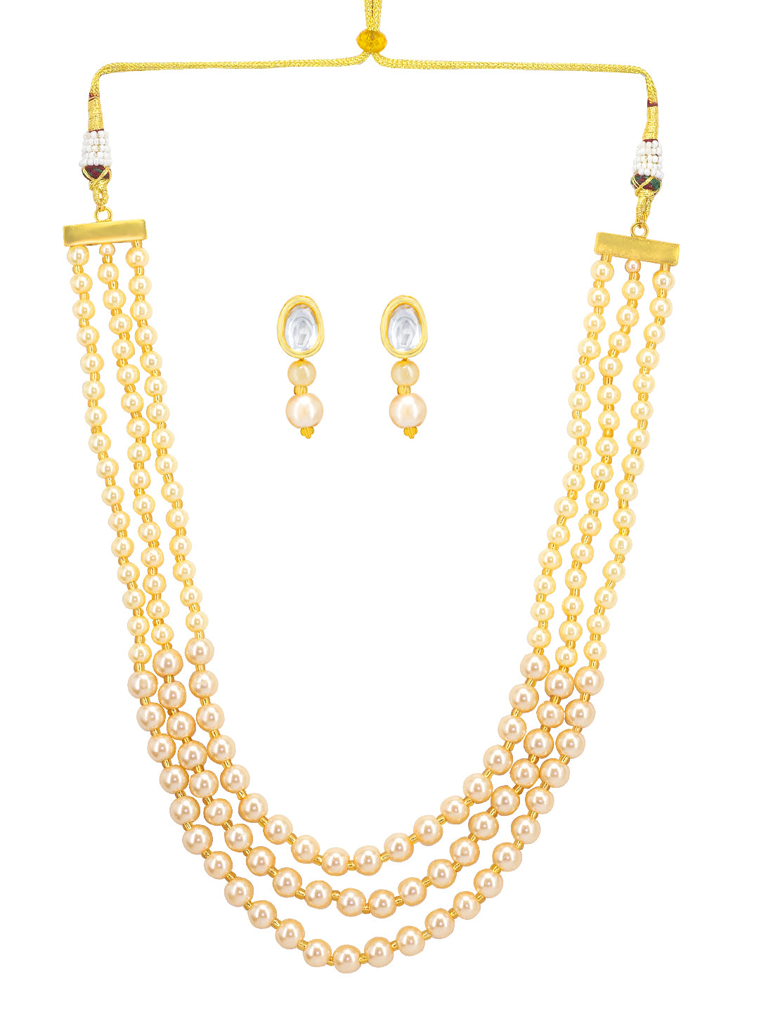 Gold-Plated Pearl-Beaded Layered Necklace & Earrings Set