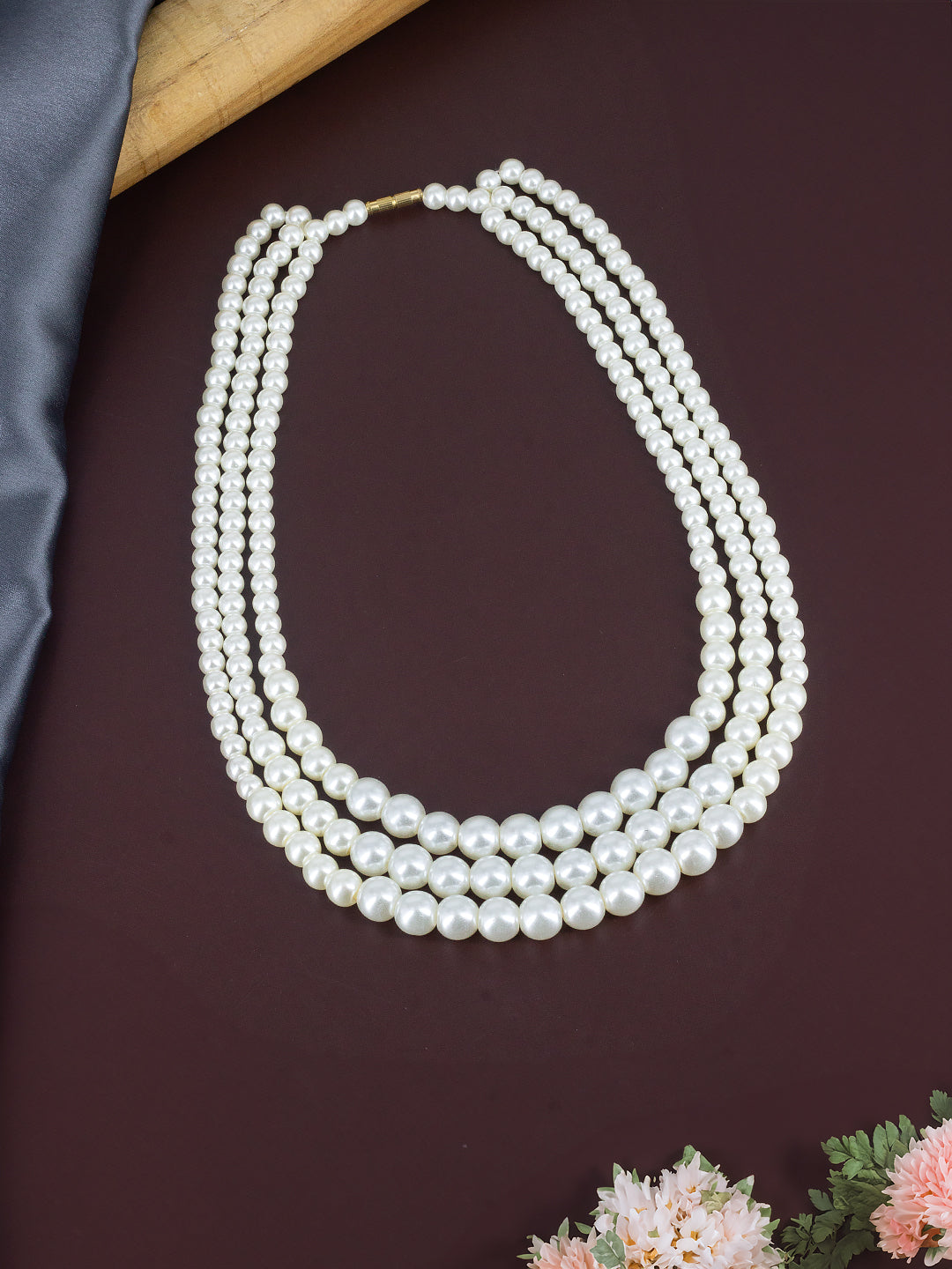 Gold Plated Three Layered Faux Pearl Beaded Trendy Moti Mala Necklace