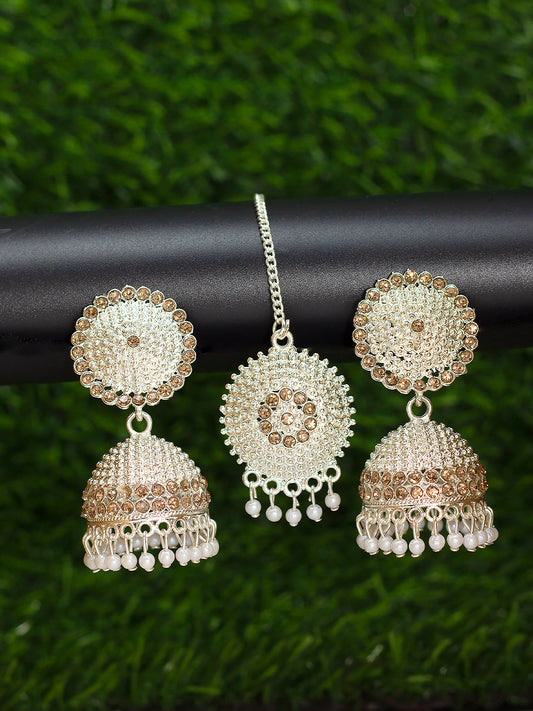 Silver Plated Artificial Stones & Beaded Jhumka Earrings With Mang Tika