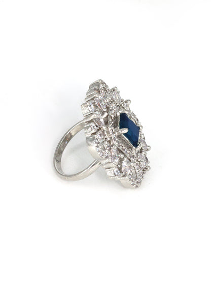 Rhodium Plated Blue American Diamond Vintage Adjustable Finger Ring