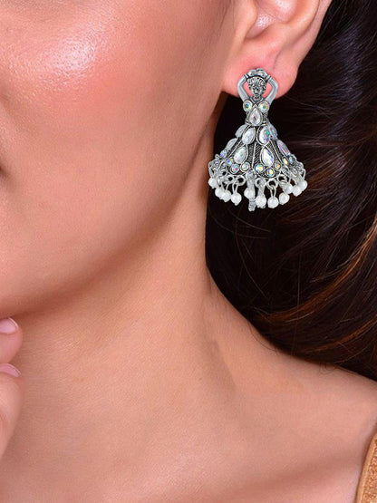 Silver Oxidised Artificial Stones & Beads Studded Jhumka Earrings