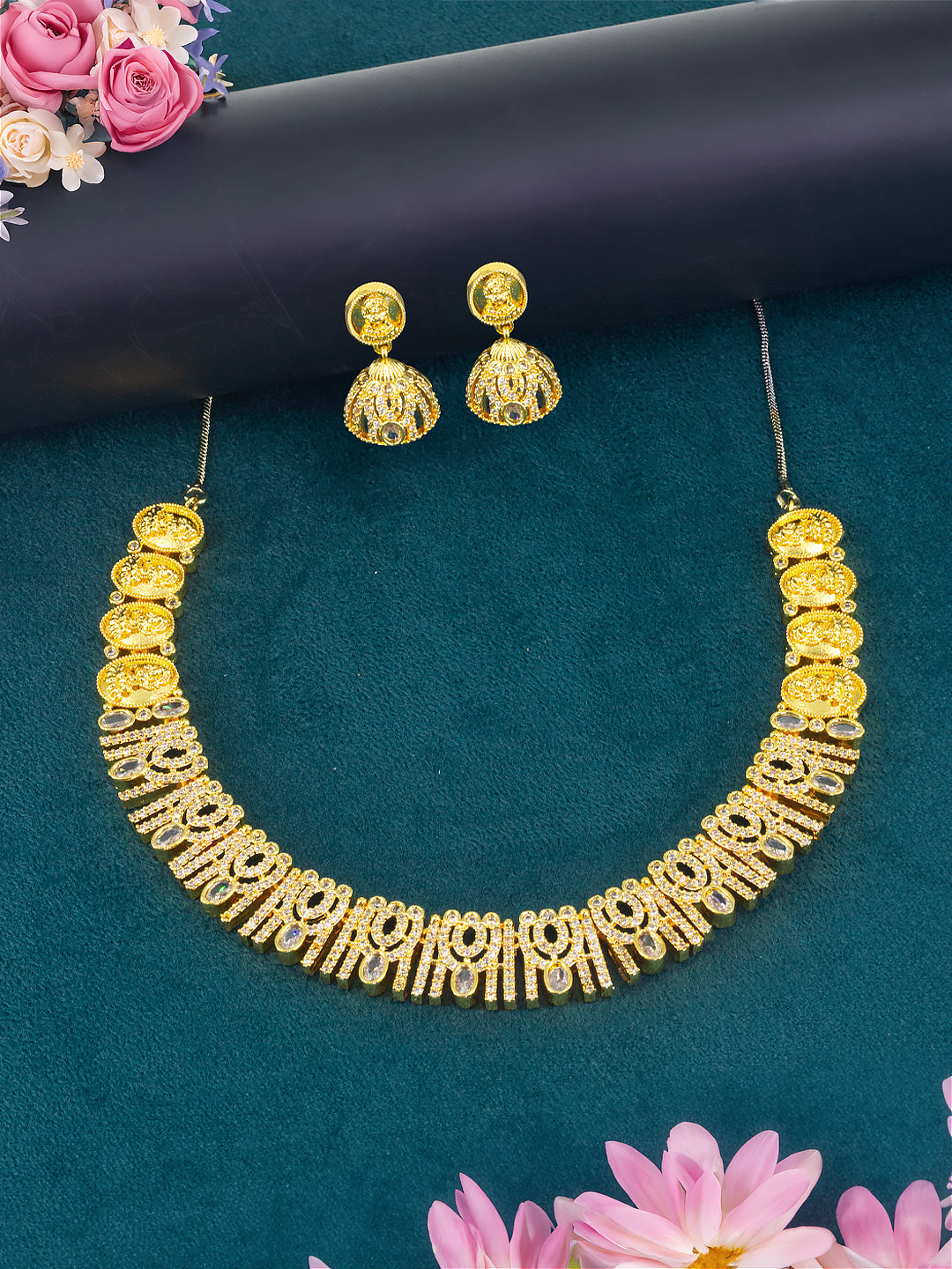 Gold Plated American Diamond Temple Jewellery Set