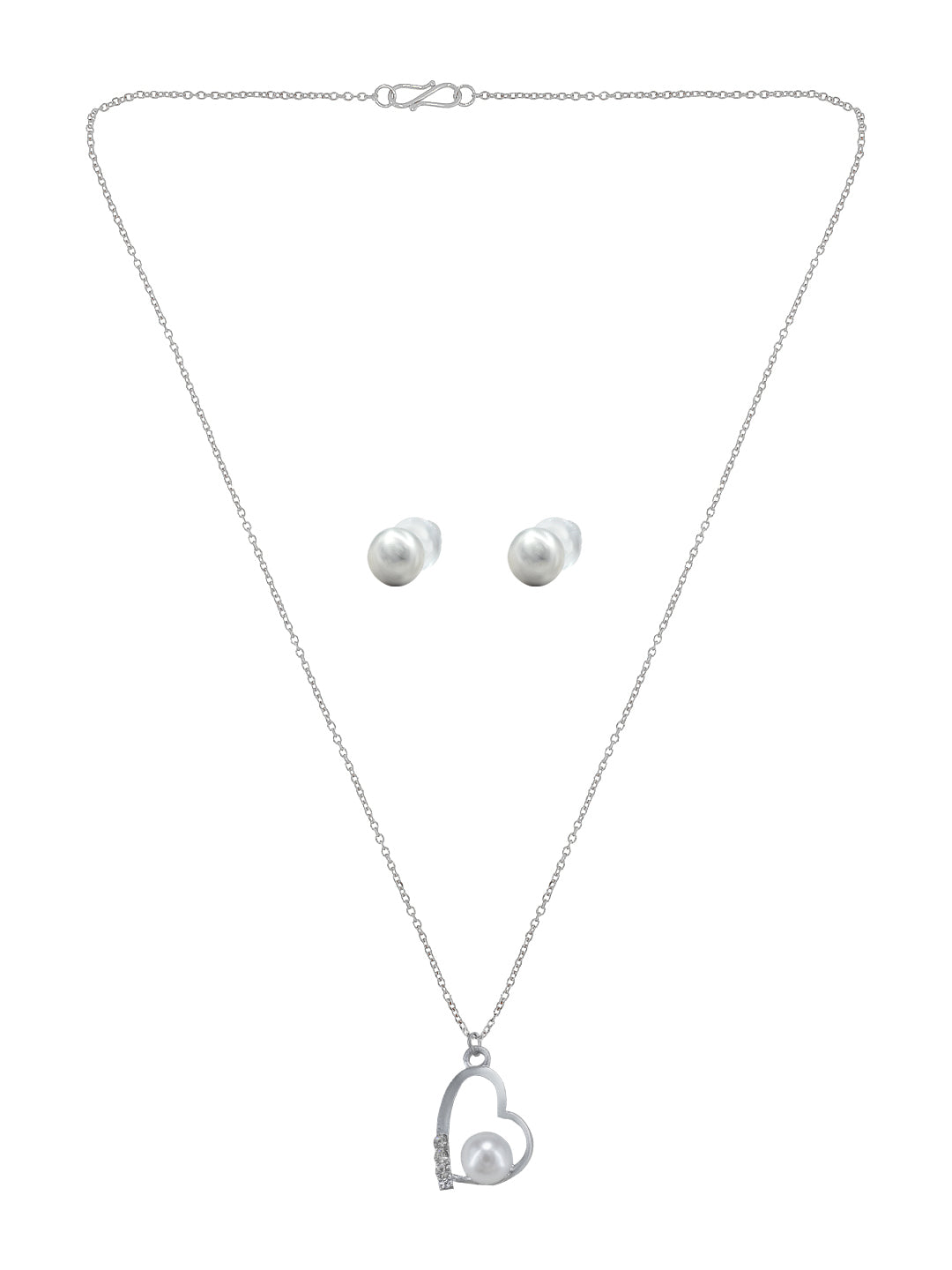 Silver Plated Pearl & Heart Shaped Pendant & Studs Set