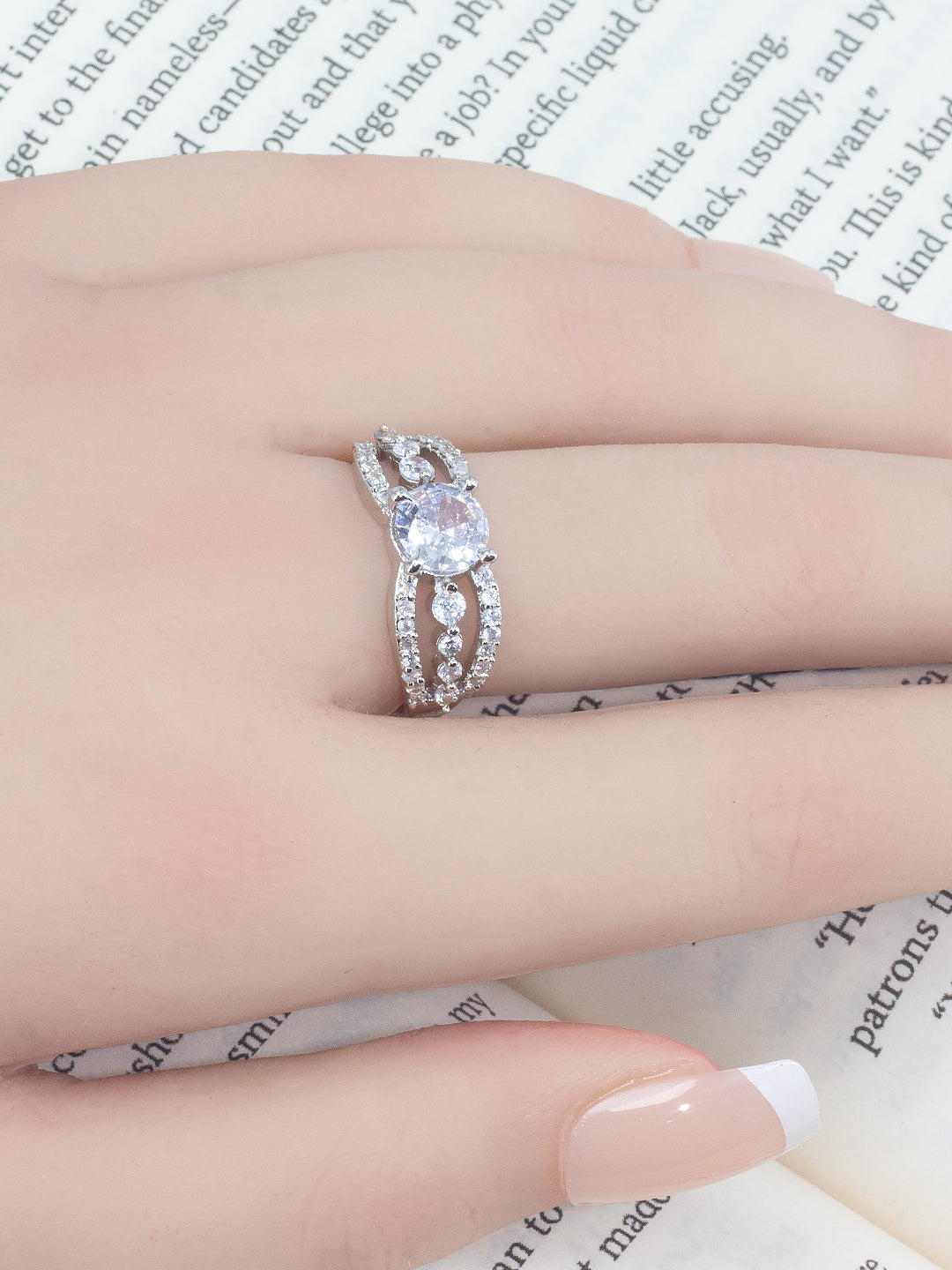 Rhodium Plated Solitaire American Diamond Adjustable Finger Ring