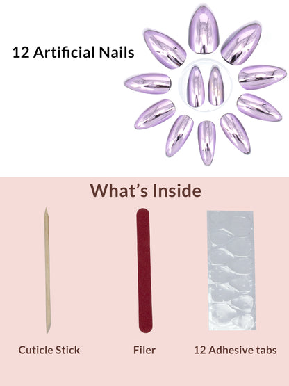 Set Of 12 Reusable Chromatic Fake Nails With Application Kit - Metallic Lavender