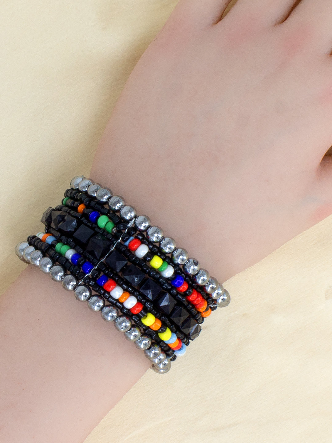 Black & Silver Plated Multicolor Beaded Cuff Designer Bracelet