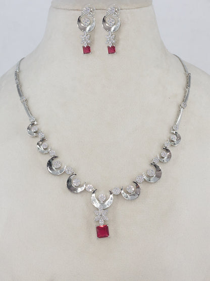 Rhodium Plated Red Crescent AD Jewellery Set