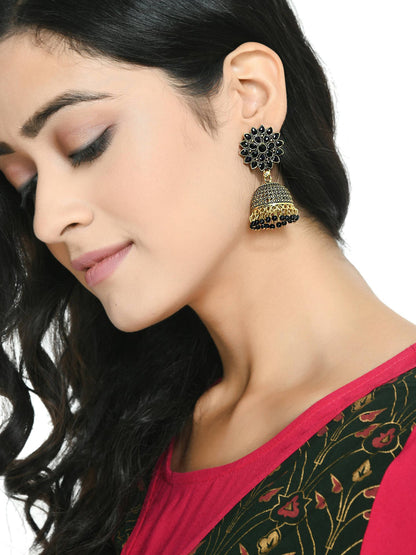 Gold Plated Black Floral Jhumka Earrings