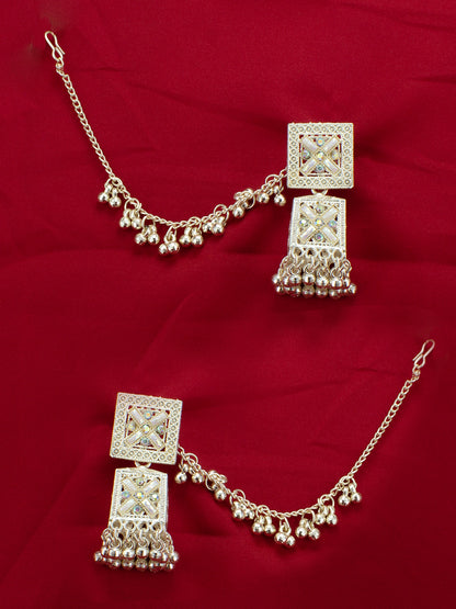 Gold Plated Artificial Stones & Beads Square Jhumka with Chain Earring