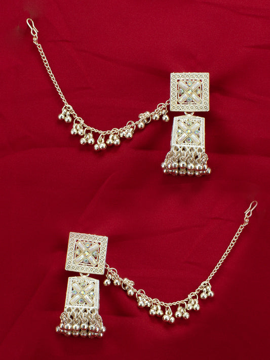 Gold Plated Artificial Stones & Beads Square Jhumka with Chain Earring