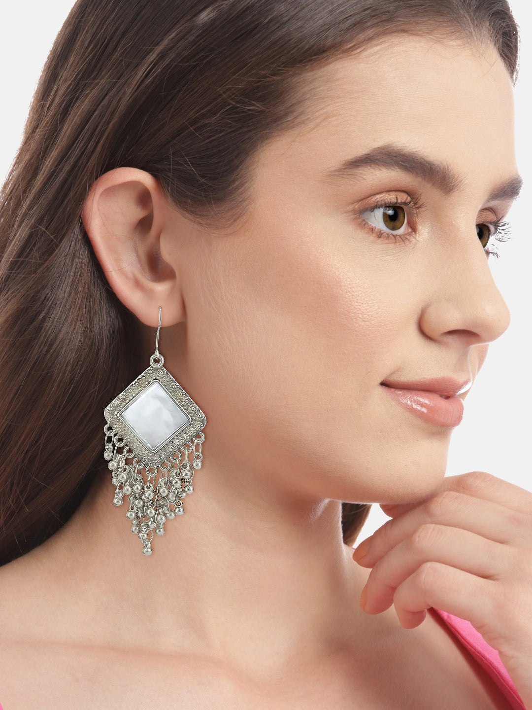 Silver Oxidised Mirror Studded Square Earrings