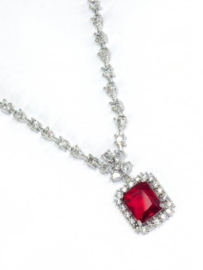 Rhodium Plated Red Square American Diamond Jewellery Set