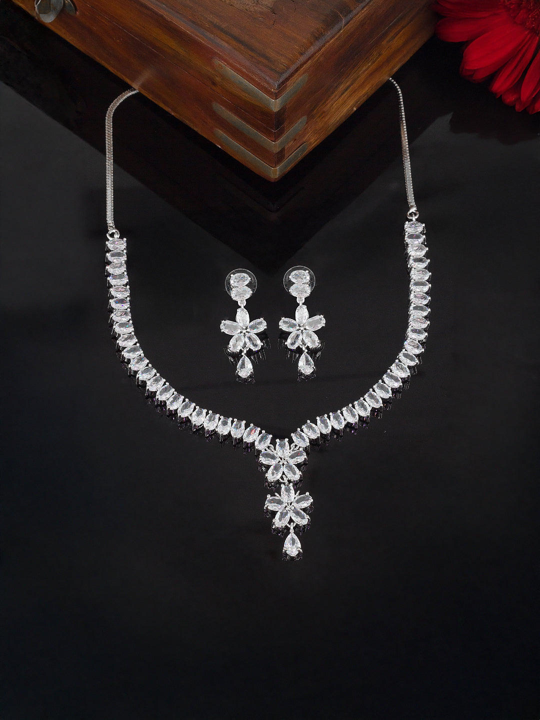 Rhodium Plated American Diamond Floral Drop Jewellery Set