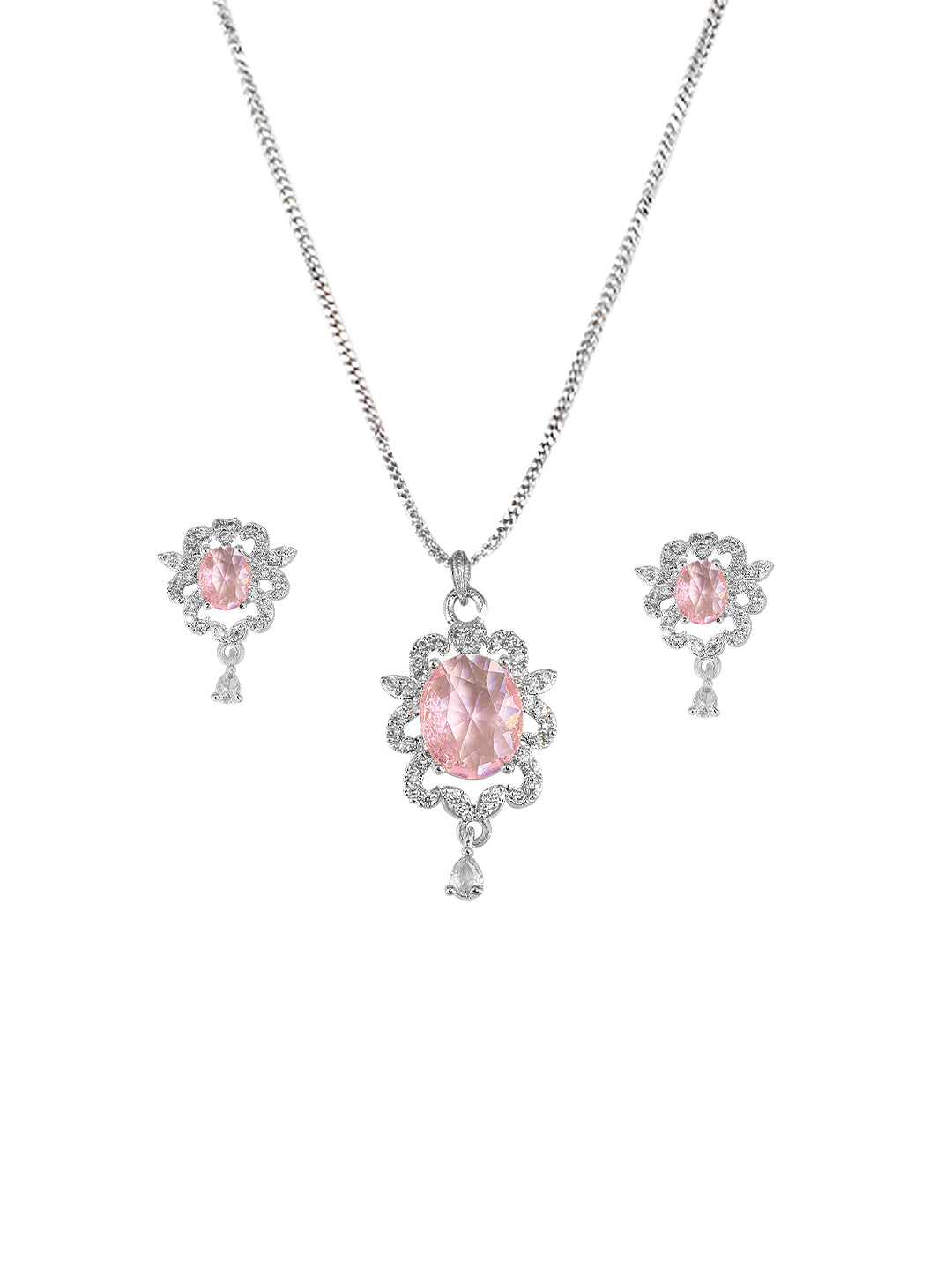 Rhodium Plated Pink Oval Shaped American Diamond Studded Pendant Set