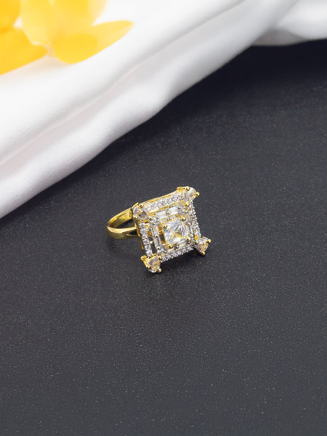 Gold Plated Square American Diamond Adjustable Finger Ring