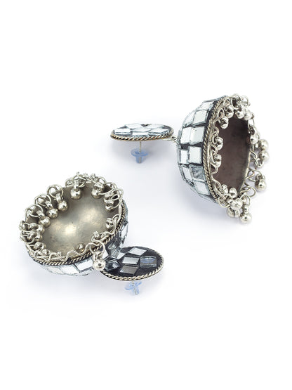 Silver Mirror Studded Bohemian Jhumka Earrings With Ring