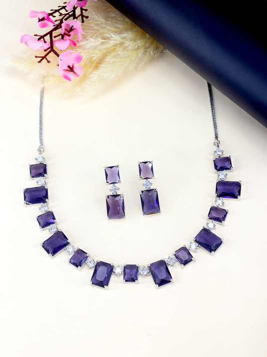 Rhodium Plated Purple Square American Diamond Jewellery Set