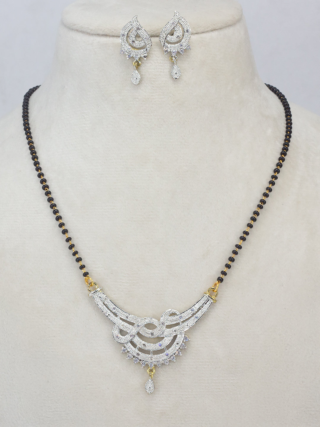 Gold Plated American Diamond & Black Beaded Mangalsutra With Earrings