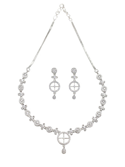 Rhodium Plated Floral American Diamond Jewellery Set