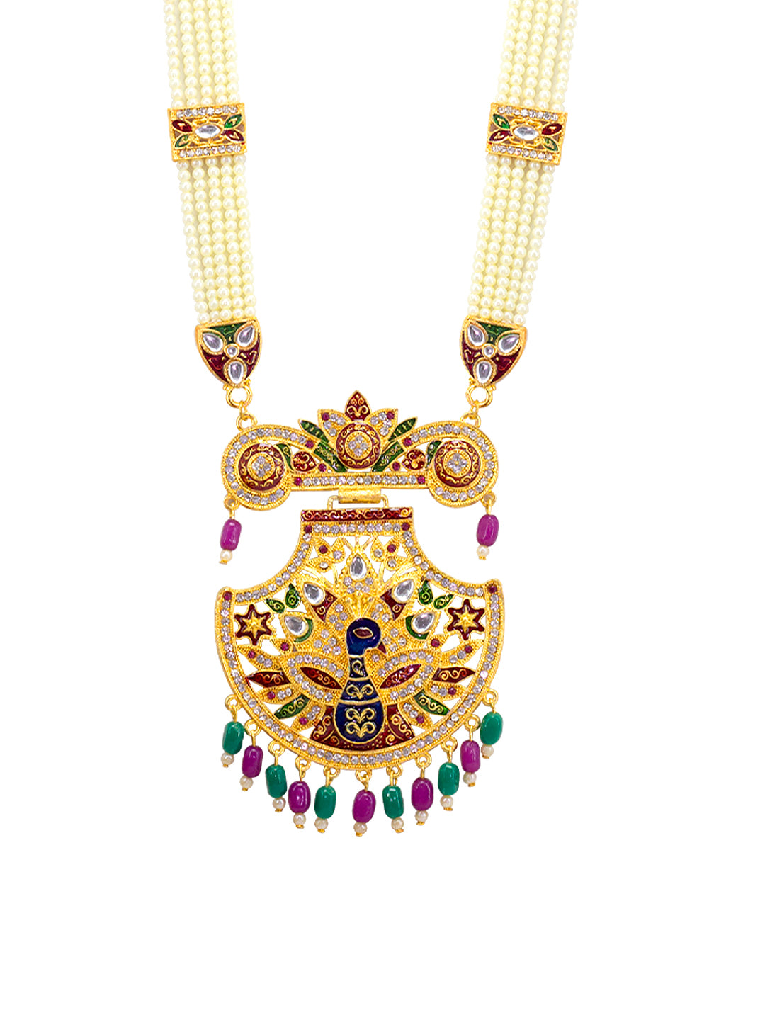 Gold-Plated Stone Studded & Beaded Necklace & Earring Set