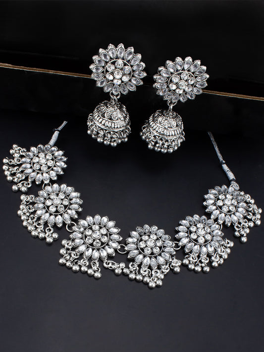 Silver-Oxidised Floral Stone & Beades Studded Jewellery Set