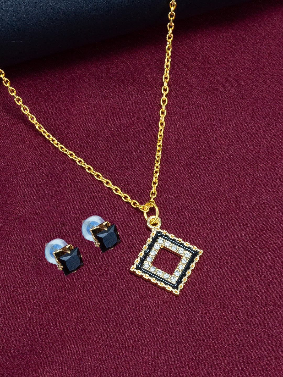 Gold Plated & Black Square Shaped Pendant & Studs Set