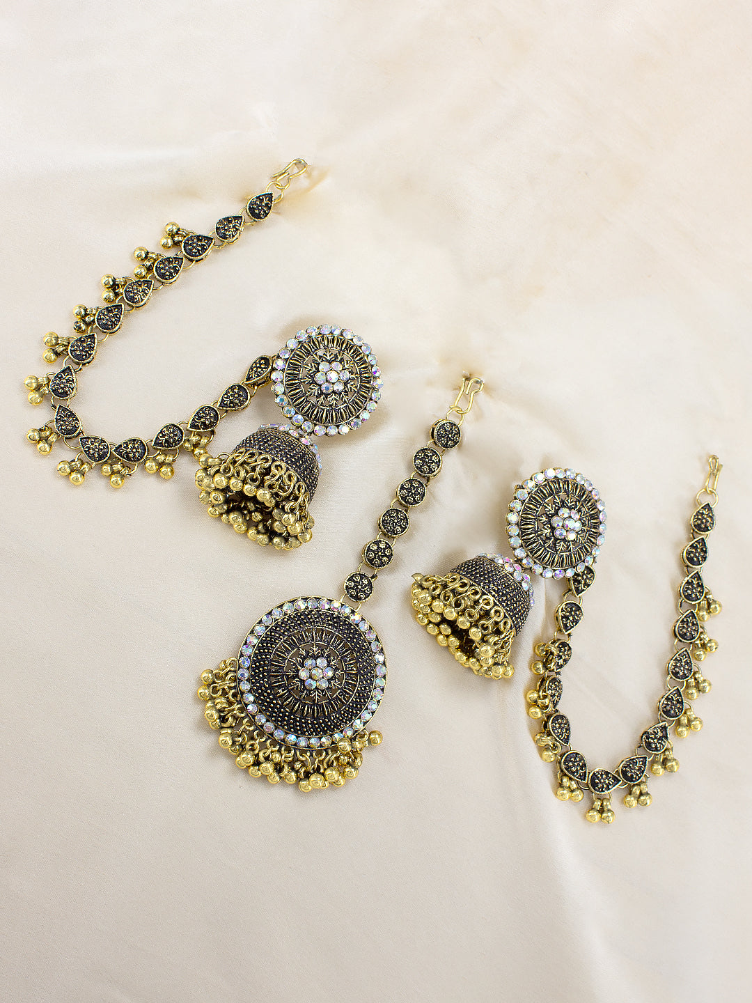 Silver Oxidised Gold Color Beaded Jhumka Chain Earrings With Mang Tika