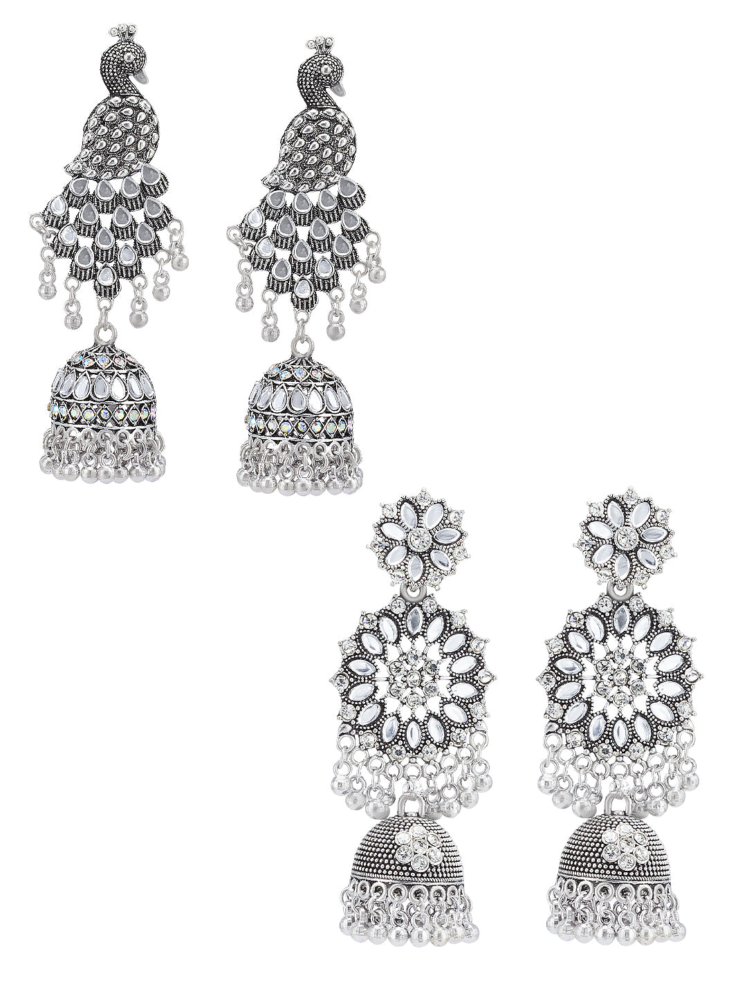 Pack Of 2 Silver-Oxidised Peacock Shaped Artificial Stones Studded Jhumkas