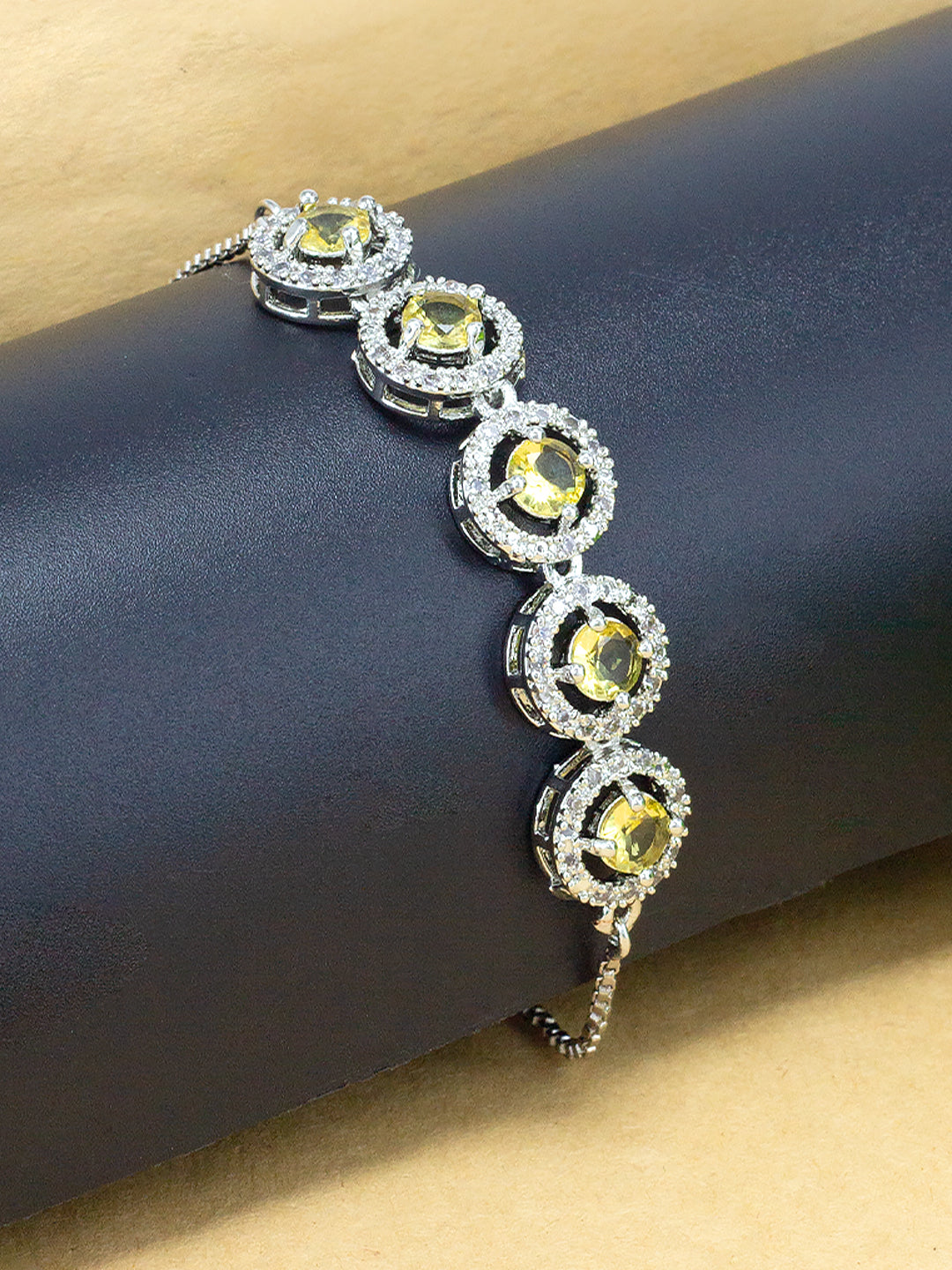 Yellow American Diamond Studded Circular Adjustable Bracelet Gift For Women