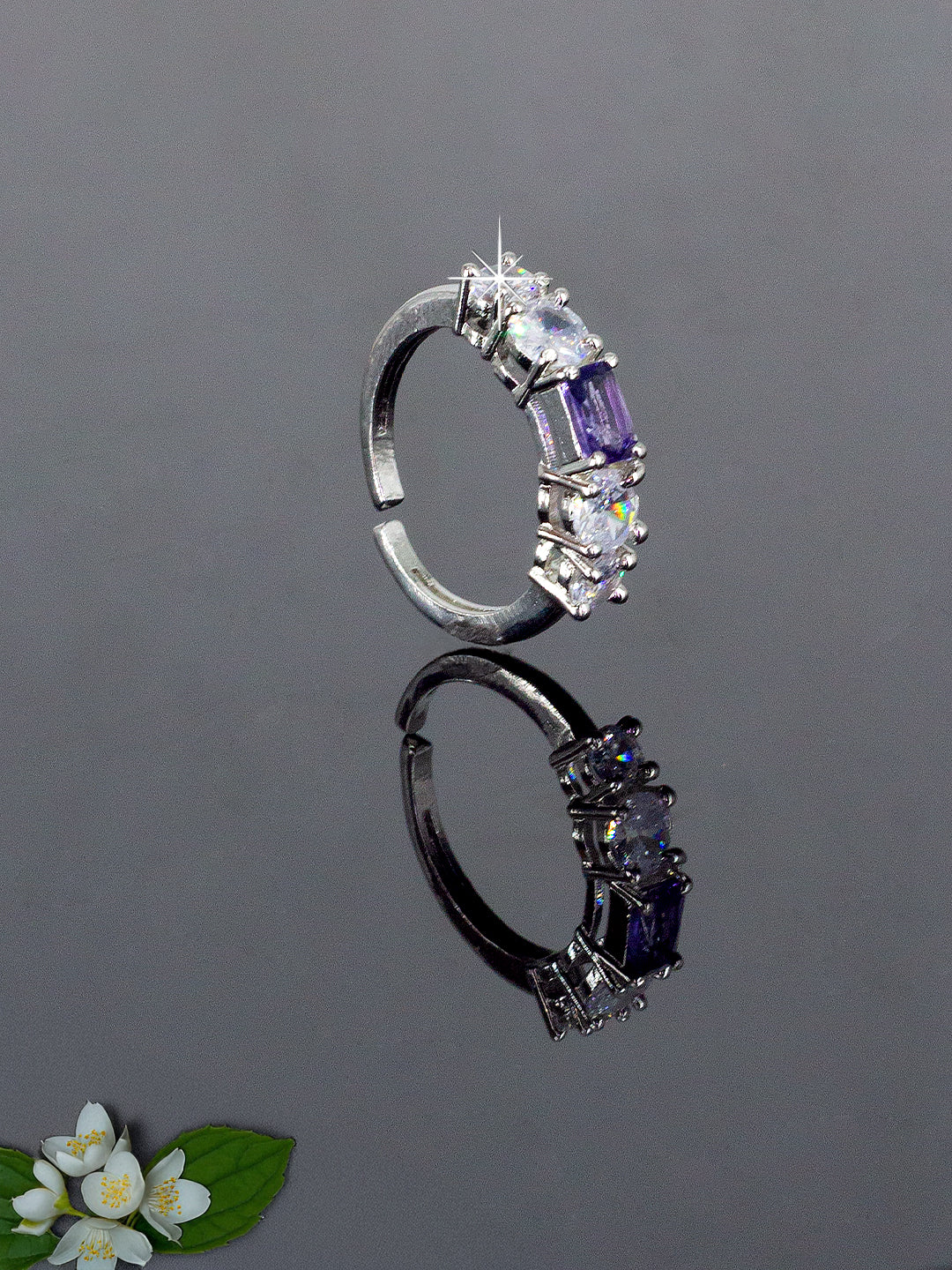 Rhodium Plated Purple American Diamond Adjustable Finger Ring